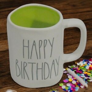 Rae Dunn White Ceramic Happy Birthday Mug with a Green Interior